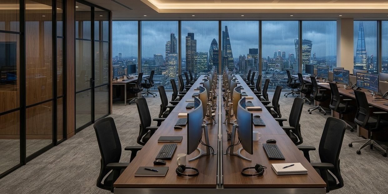 a high-end London corporate office salon space inside a major financial headquarters