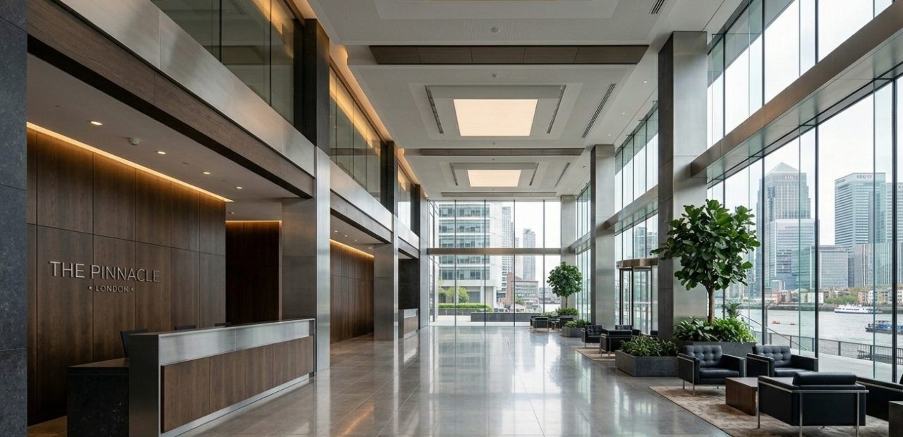 a vast London corporate headquarters lobby interior