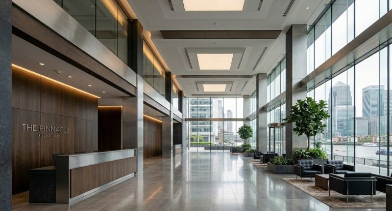 a vast London corporate headquarters lobby interior