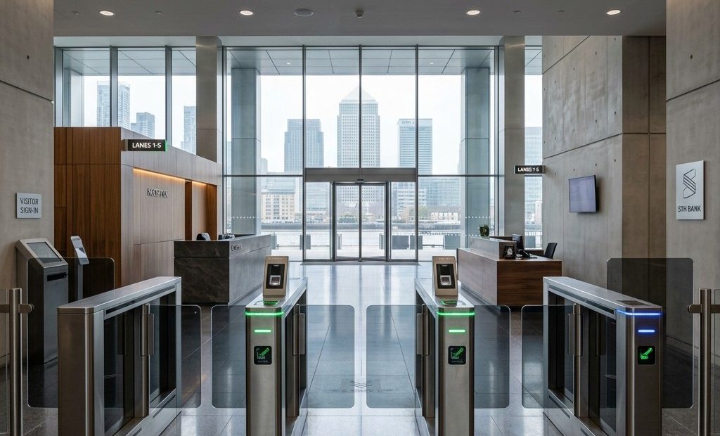 corporate security checkpoint inside a modern London office tower lobby