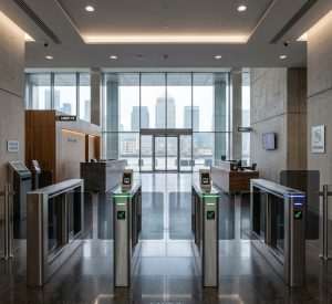 corporate security checkpoint inside a modern London office tower lobby
