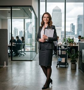 a confident British office manager standing inside a modern London office