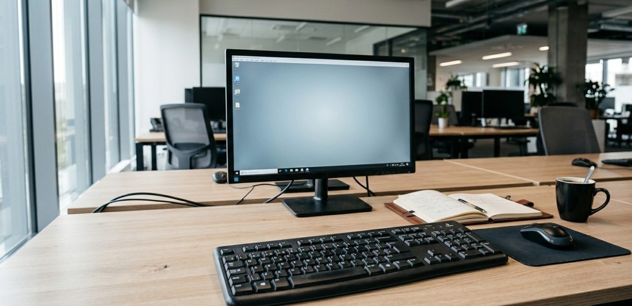 A standard black computer keyboard on a clean modern office desk beside a slim flat-screen monitor.