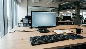 A standard black computer keyboard on a clean modern office desk beside a slim flat-screen monitor.